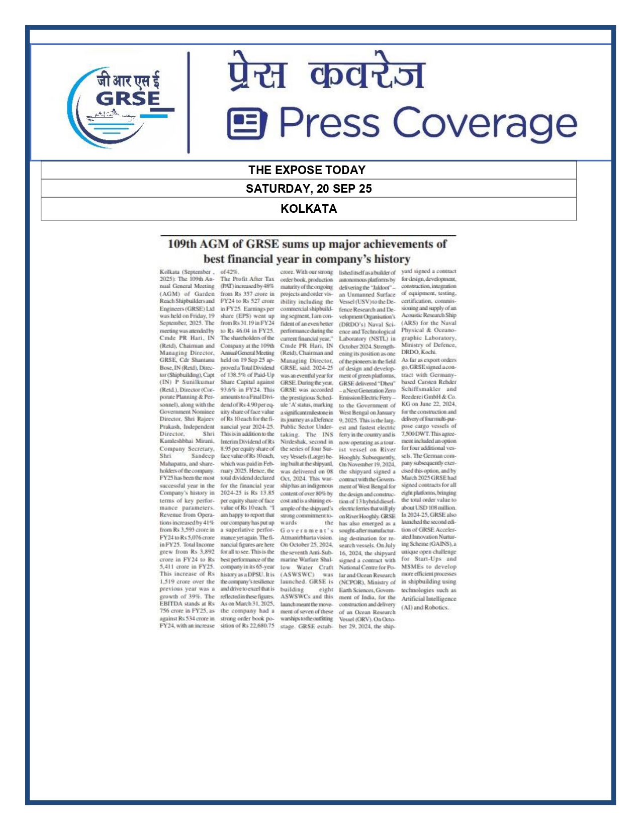 Press Coverage : 19 Sept 25:THE ECHO OF INDIA 